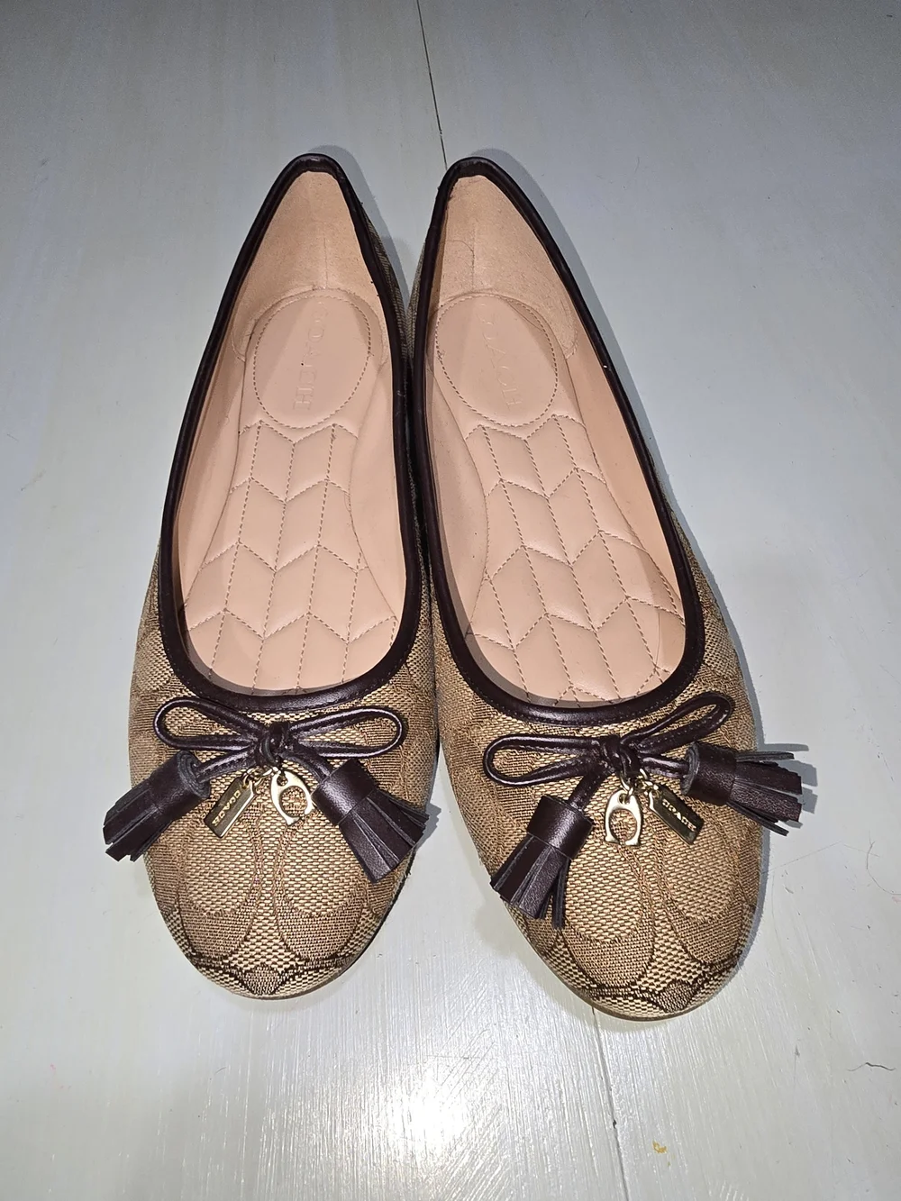 Coach Signature C Jacquard Tassel Ballet Flats Women’s 7.5 Brown Khaki